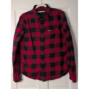 Hollister California Button Up Flannel Shirt Red Black Buffalo Plaid Mens M (801